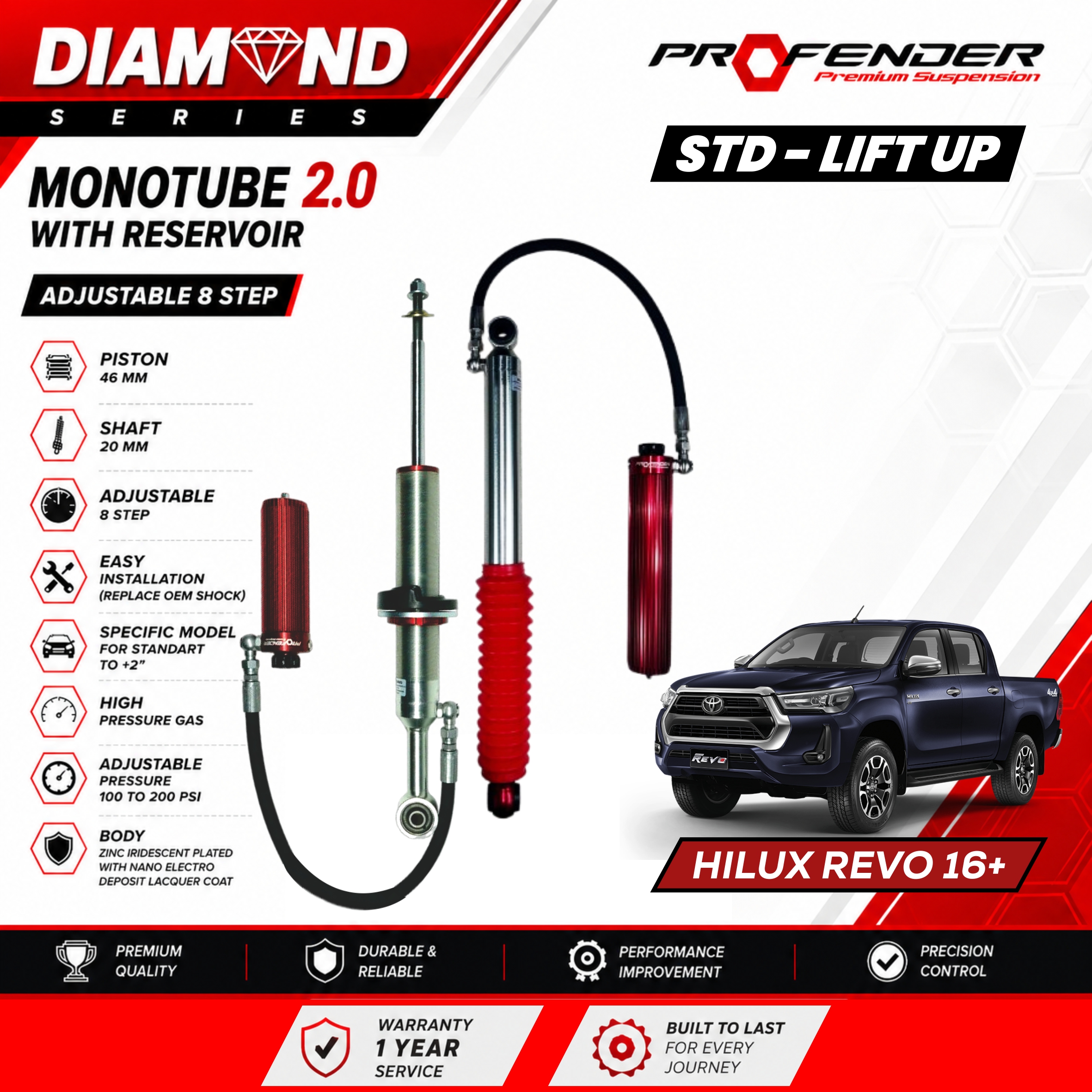 PROFENDER DIAMOND SERIES Monotube 2.0 Resevoir 8 STEP TOYOTA HILUX REVO 16+