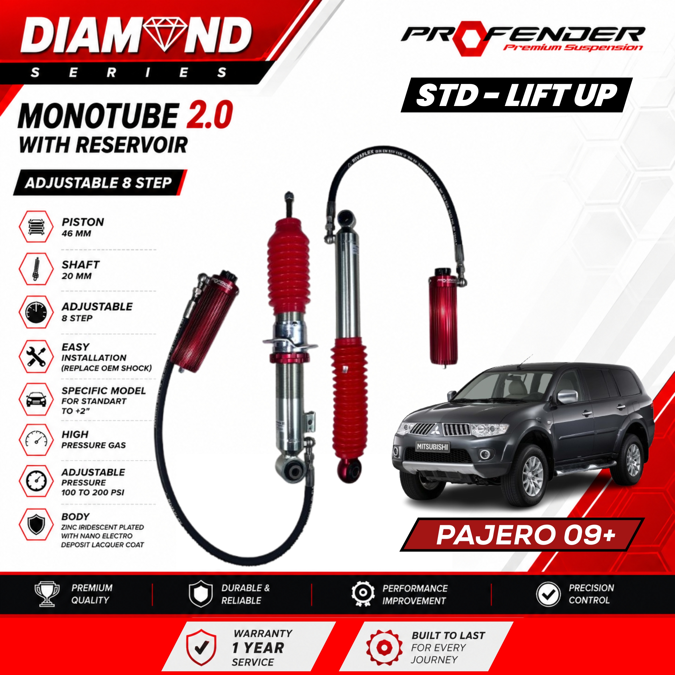 PROFENDER DIAMOND SERIES Monotube 2.0 Resevoir 8 STEP MITSUBISHI PAJERO 08+